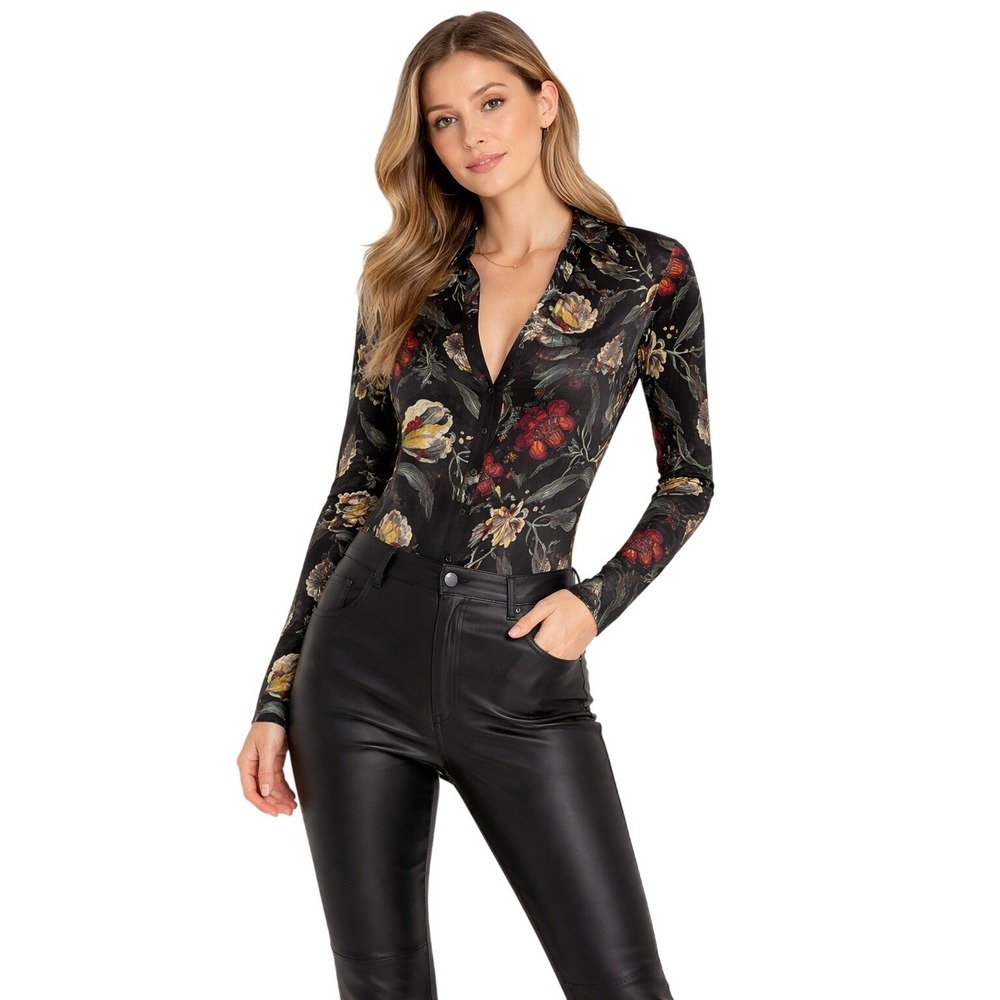 Wolford Bodysuit Women Small Black Cheetah‎ Botanical Mock Neck Long Sleeve